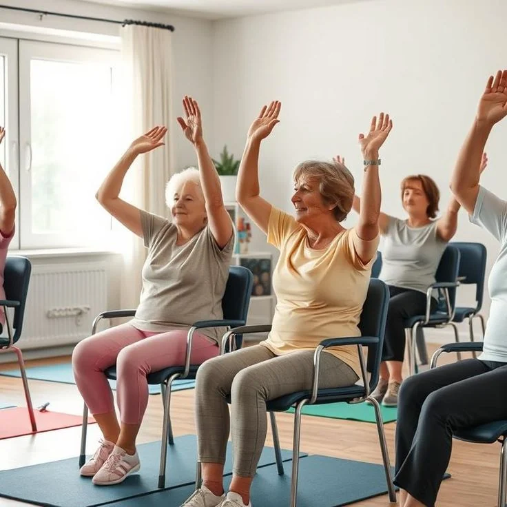 Older adults stretching with their arms raised