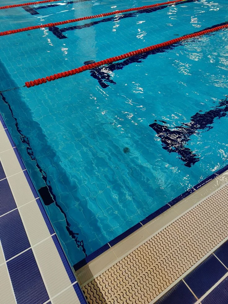 A swimmer moving through clear blue pool lanes