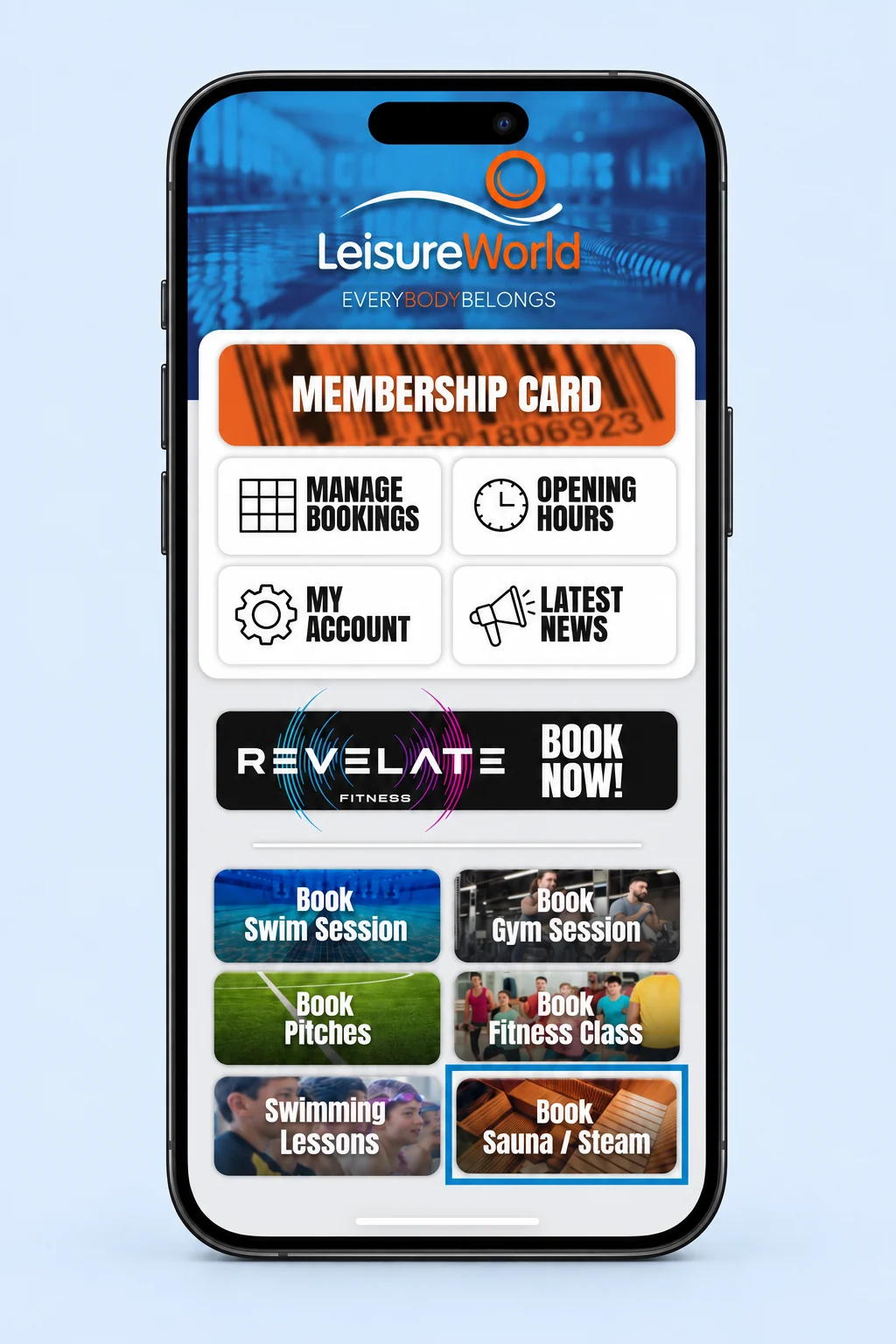 The LeisureWorld app shown on an iPhone, with membership card, manage bookings and activity booking options
